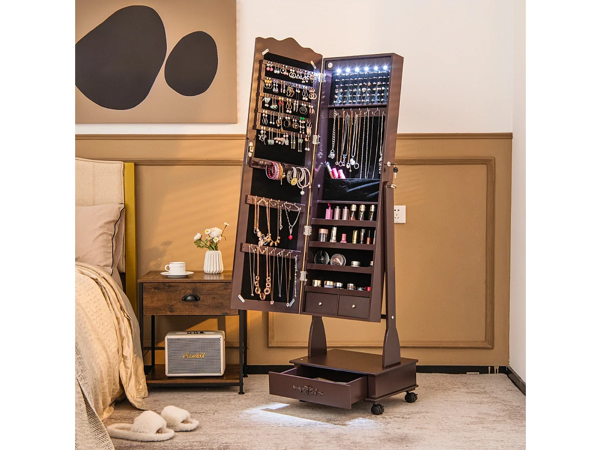 Schmuckschrank Spiegelschrank mit Ganzkörperspiegel & Schubladen & LED Braun
