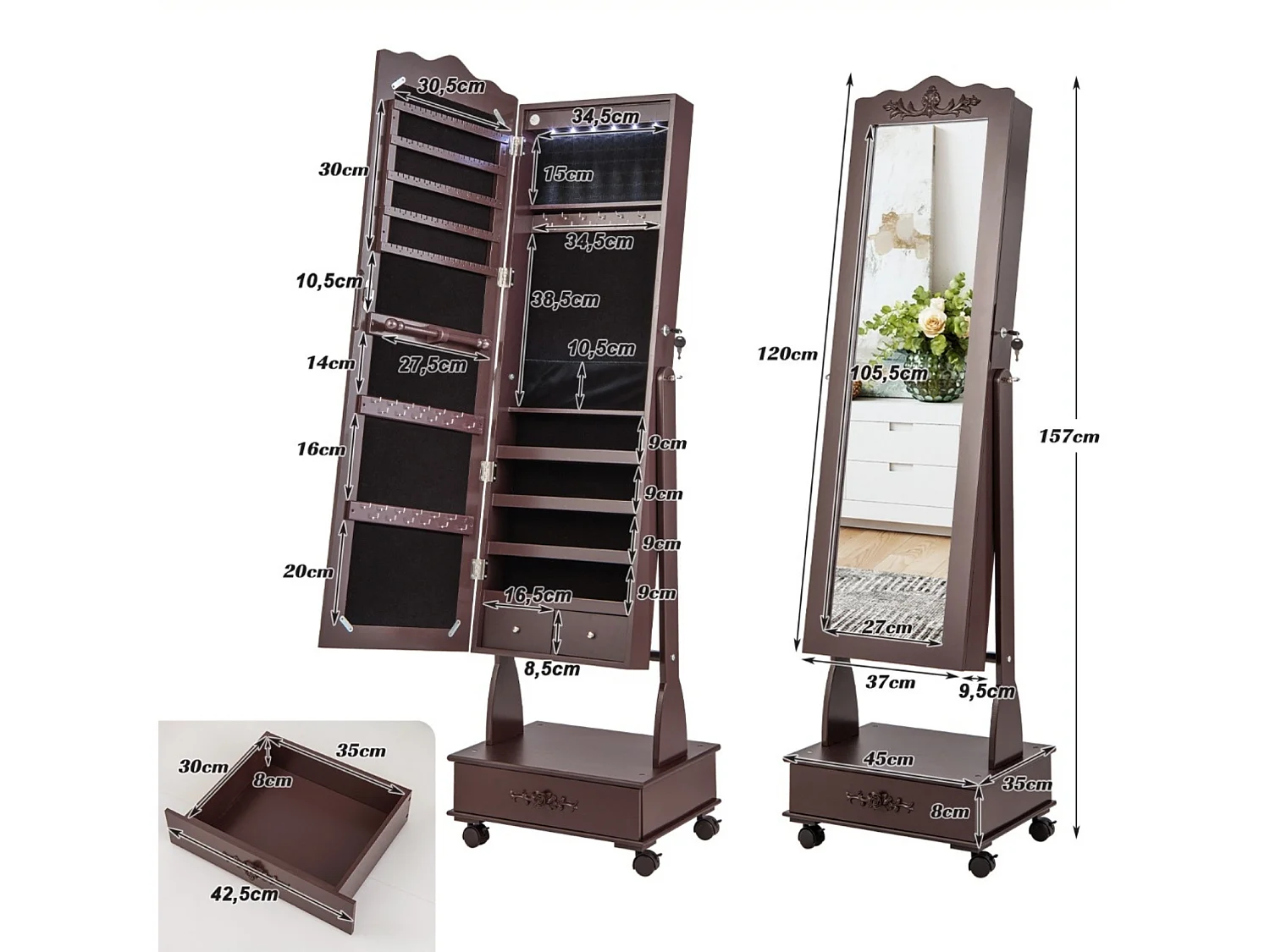 Schmuckschrank Spiegelschrank mit Ganzkörperspiegel & Schubladen & LED Braun