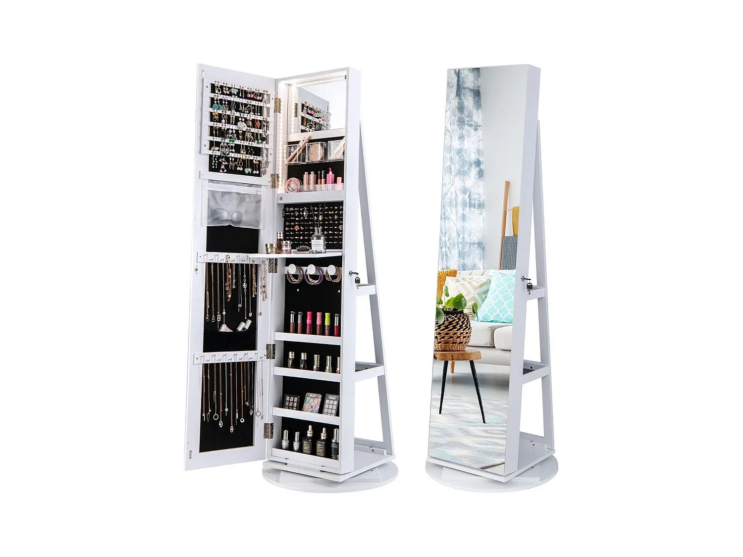 360° Drehbarer Schmuckschrank mit Dreifarbigen LED-Leuchten Freistehender Spiegelschrank Weiß