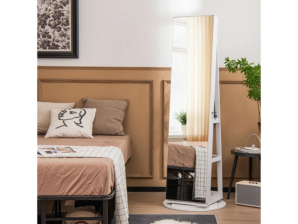 360° Drehbarer Schmuckschrank mit Dreifarbigen LED-Leuchten Freistehender Spiegelschrank Weiß