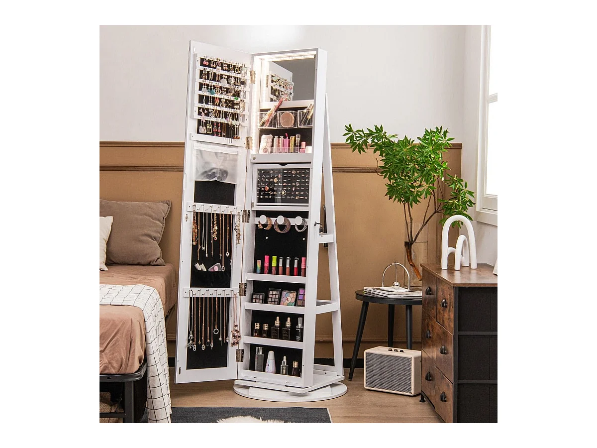 360° Drehbarer Schmuckschrank mit Dreifarbigen LED-Leuchten Freistehender Spiegelschrank Weiß