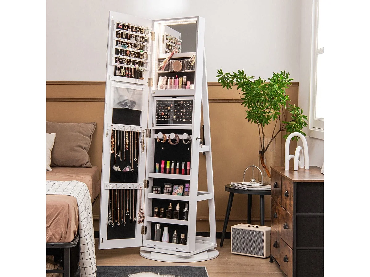 360° Drehbarer Schmuckschrank mit Dreifarbigen LED-Leuchten Freistehender Spiegelschrank Weiß