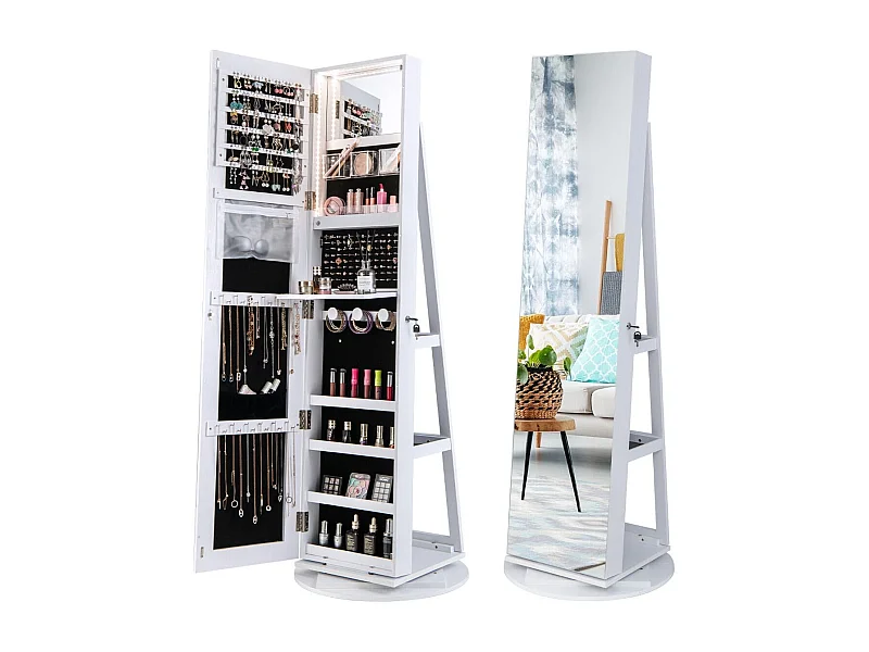 360° Drehbarer Schmuckschrank mit Dreifarbigen LED-Leuchten Freistehender Spiegelschrank Weiß