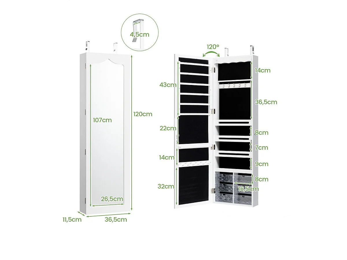 Hängender Schmuckschrank mit Spiegel, 36,5 x 11,5 x 120 cm