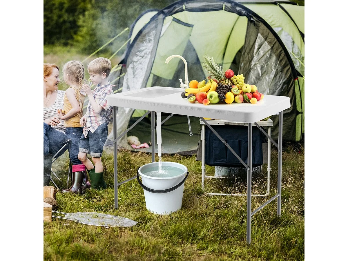 Tavolo da campeggio pieghevole. Tavolo portatile con lavello 115 x 59 x 93 cm