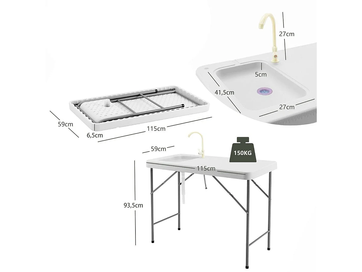 Tavolo da campeggio pieghevole. Tavolo portatile con lavello 115 x 59 x 93 cm