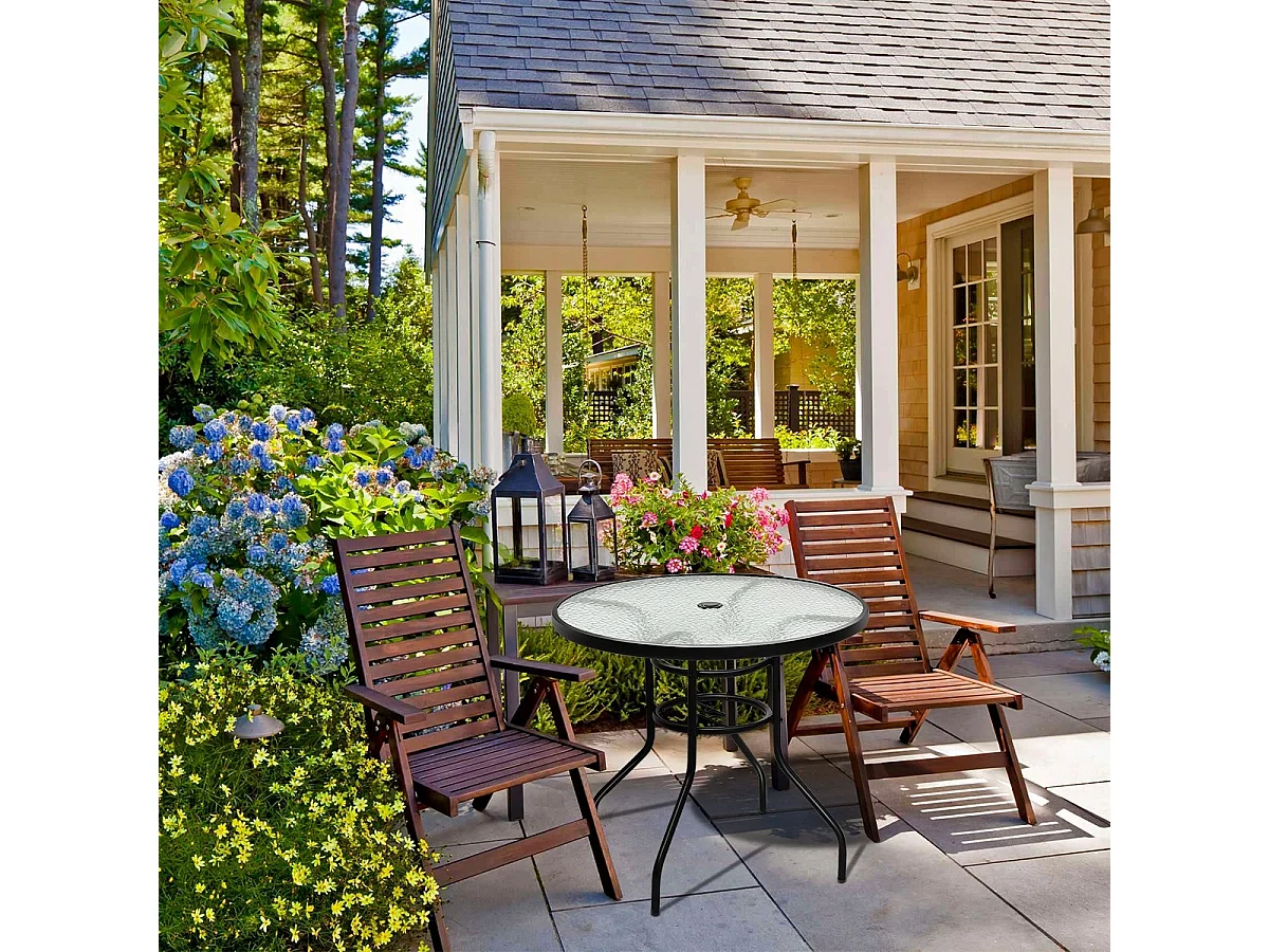 Bistrotisch aus Metall mit Schirmloch & Verdickter Glasplatte Gartentisch Glastisch Schwarz