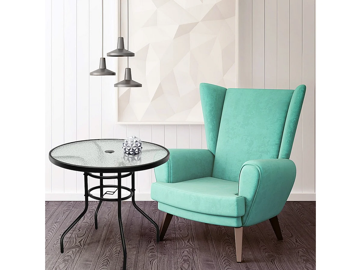 Bistrotisch aus Metall mit Schirmloch & Verdickter Glasplatte Gartentisch Glastisch Schwarz