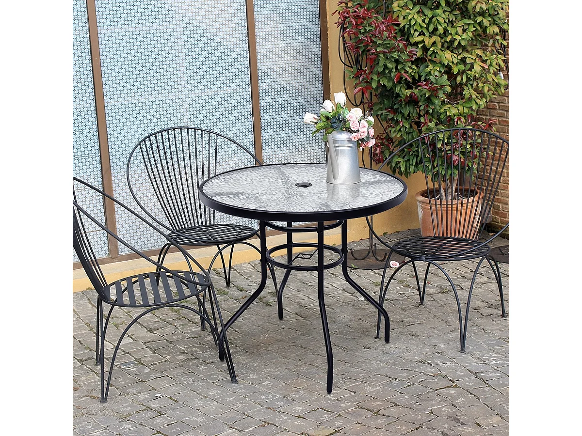 Bistrotisch aus Metall mit Schirmloch & Verdickter Glasplatte Gartentisch Glastisch Schwarz
