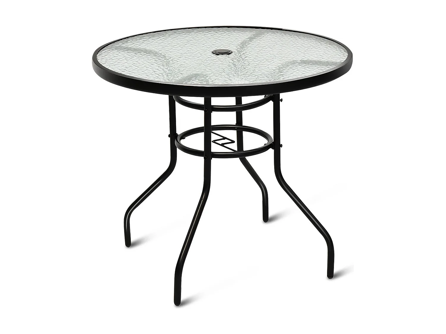 Bistrotisch aus Metall mit Schirmloch & Verdickter Glasplatte Gartentisch Glastisch Schwarz