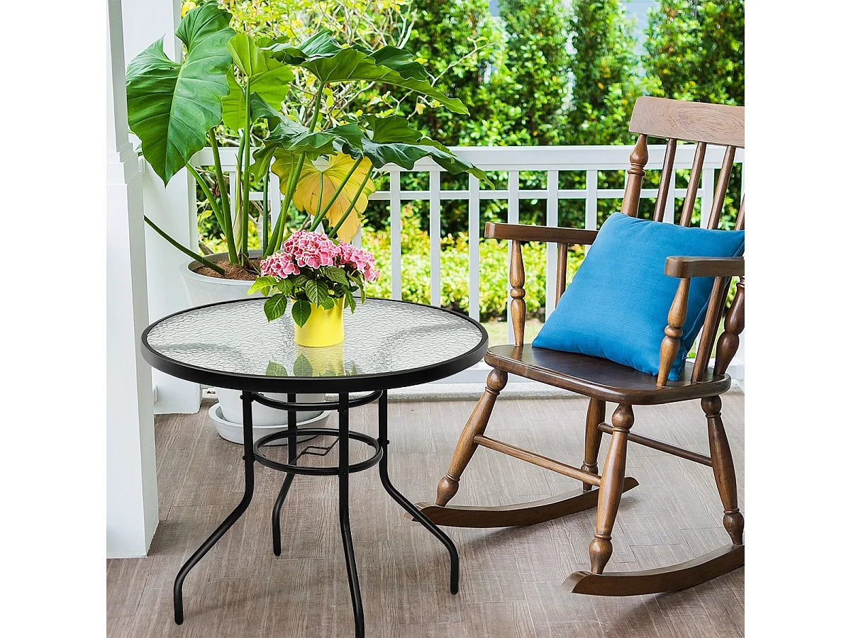 Bistrotisch aus Metall mit Schirmloch & Verdickter Glasplatte Gartentisch Glastisch Schwarz