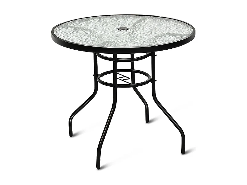Bistrotisch aus Metall mit Schirmloch & Verdickter Glasplatte Gartentisch Glastisch Schwarz