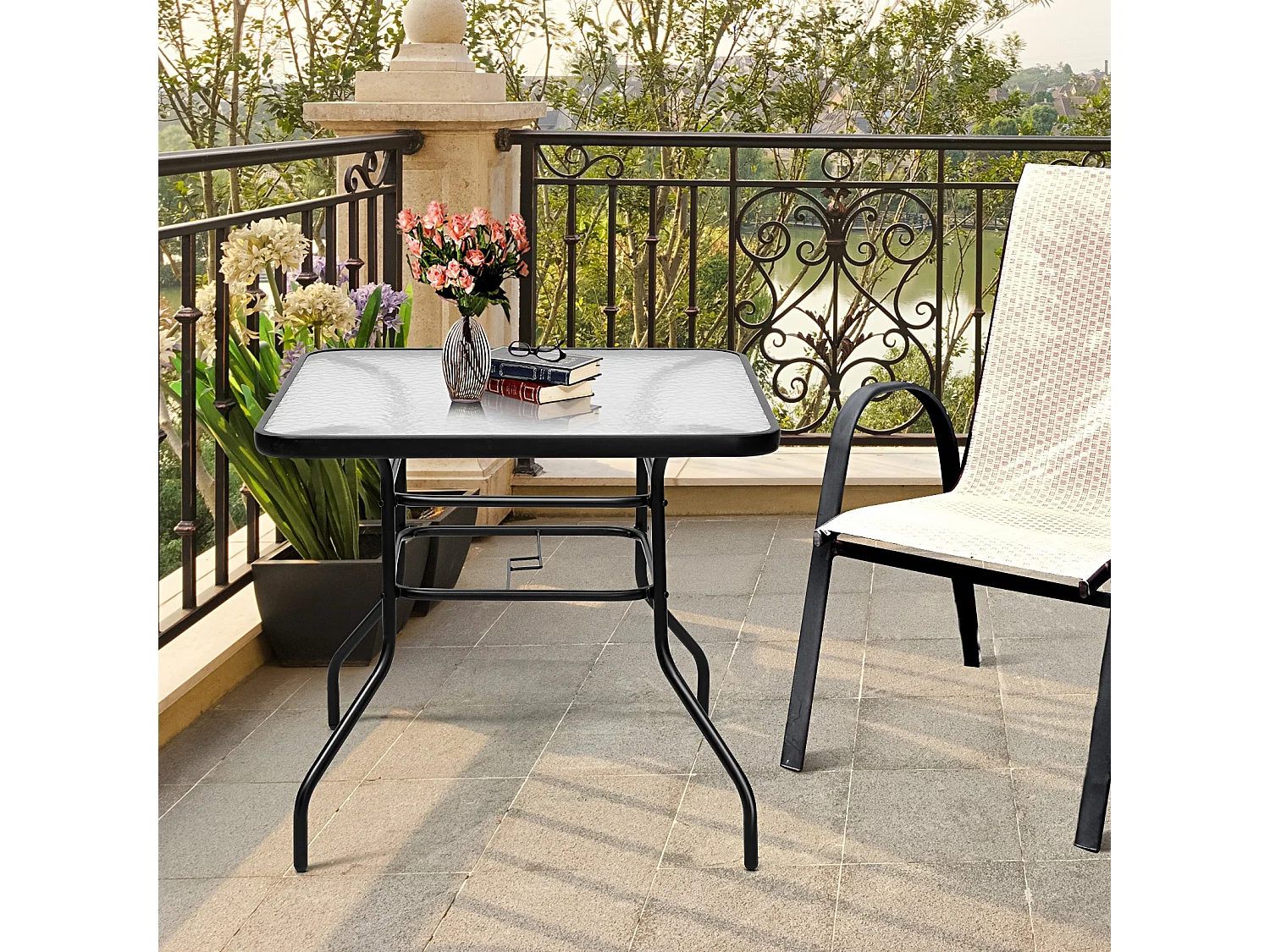 Terrassentisch Rechteckiger Kaffeetisch mit Tischplatte Bistrotisch Gartentisch Glastisch Schwarz