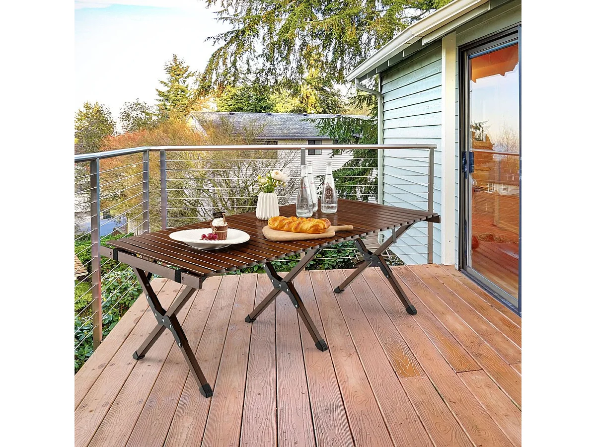 Campingtisch Klappbarer Picknicktisch mit Tragetasche Aufrollbarer Bambustisch 122 x 60 x 43,5 cm Kaffee