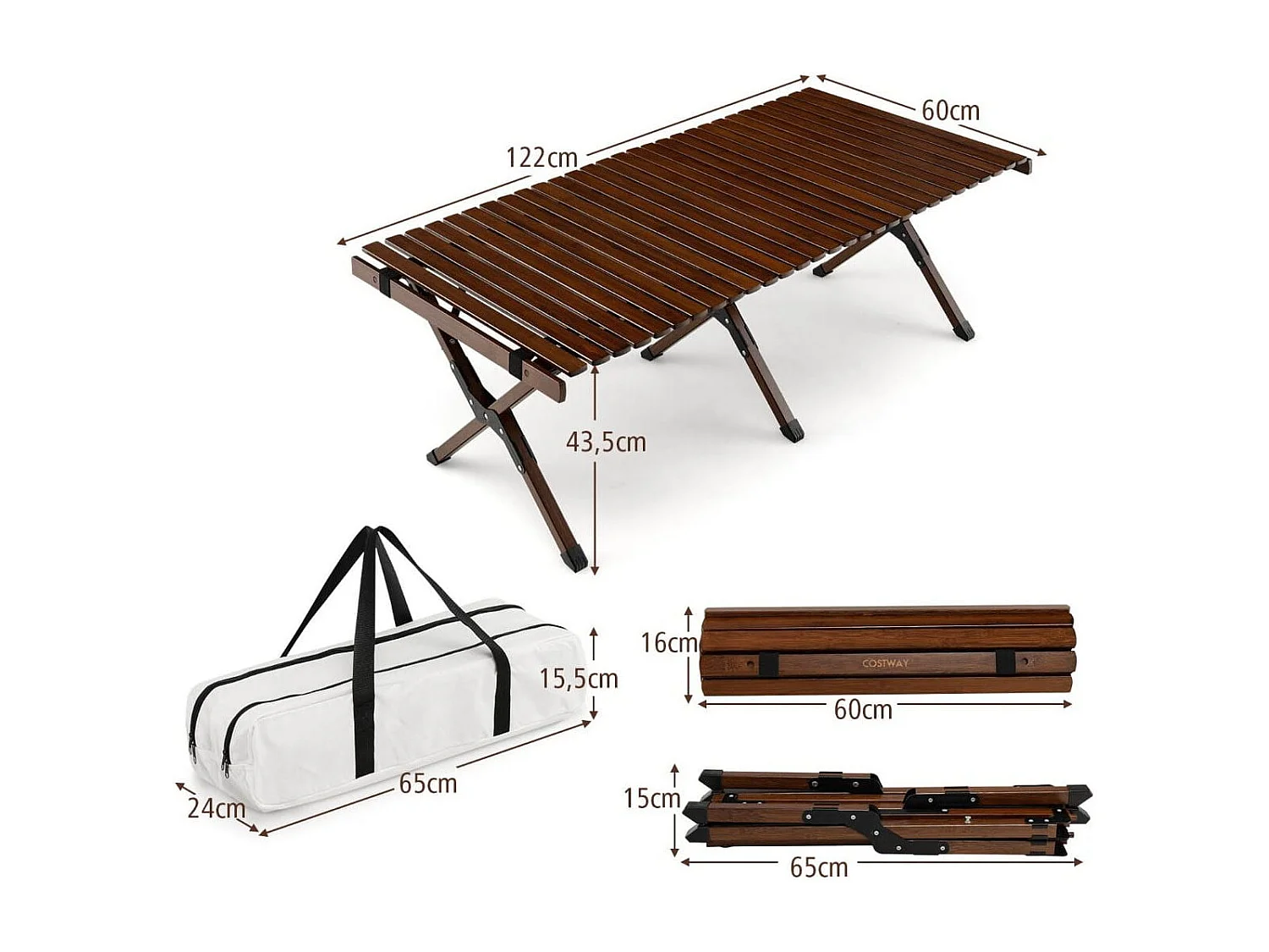 Campingtisch Klappbarer Picknicktisch mit Tragetasche Aufrollbarer Bambustisch 122 x 60 x 43,5 cm Kaffee