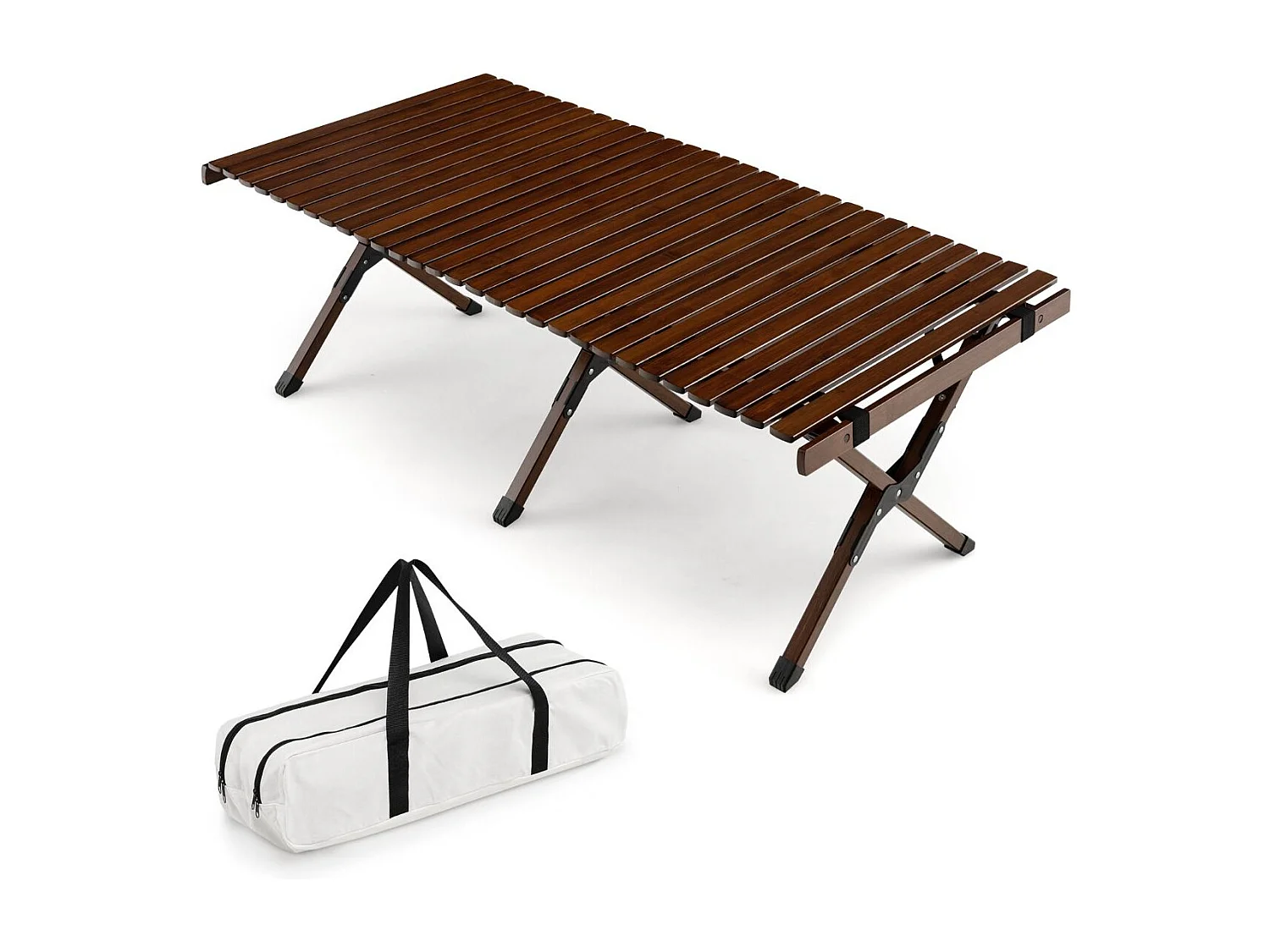 Campingtisch Klappbarer Picknicktisch mit Tragetasche Aufrollbarer Bambustisch 122 x 60 x 43,5 cm Kaffee