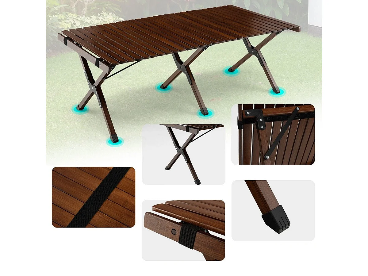 Campingtisch Klappbarer Picknicktisch mit Tragetasche Aufrollbarer Bambustisch 122 x 60 x 43,5 cm Kaffee