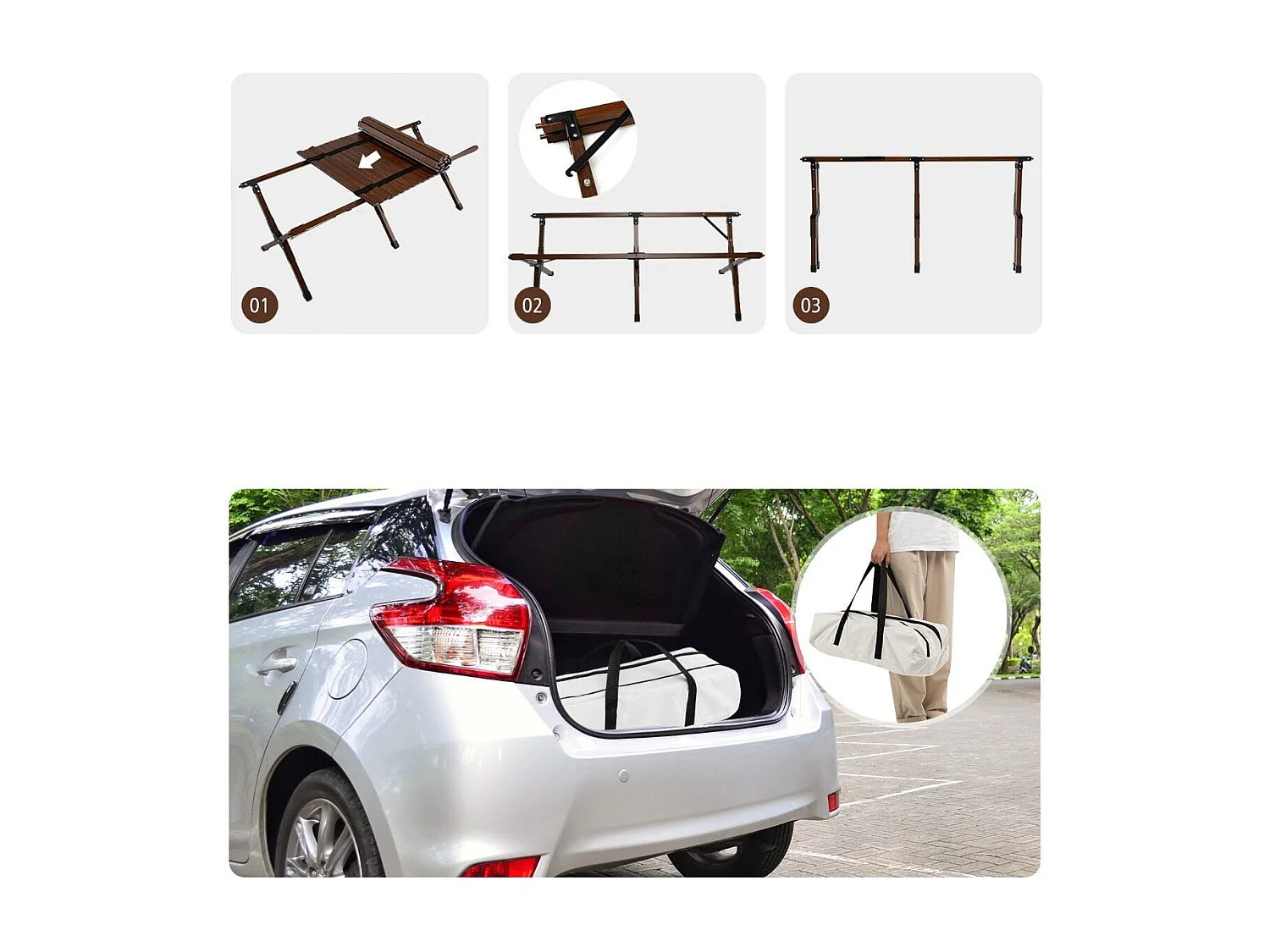 Campingtisch Klappbarer Picknicktisch mit Tragetasche Aufrollbarer Bambustisch 122 x 60 x 43,5 cm Kaffee