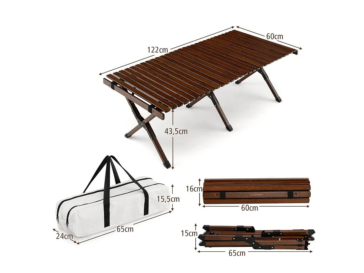 Table de Camping Pliante en Bambou à Latte Enroulable avec Sac de Transport Charge Max 50kg 122 x 60 x 43,5 cm Café