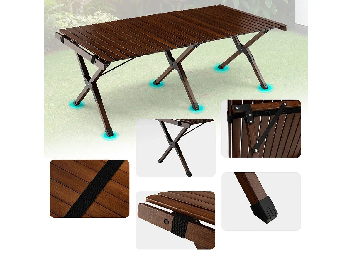 Table de Camping Pliante en Bambou à Latte Enroulable avec Sac de Transport Charge Max 50kg 122 x 60 x 43,5 cm Café