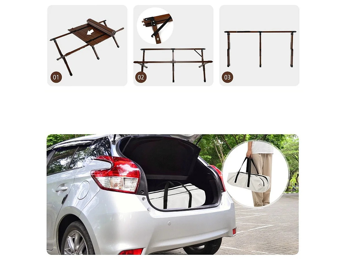 Table de Camping Pliante en Bambou à Latte Enroulable avec Sac de Transport Charge Max 50kg 122 x 60 x 43,5 cm Café