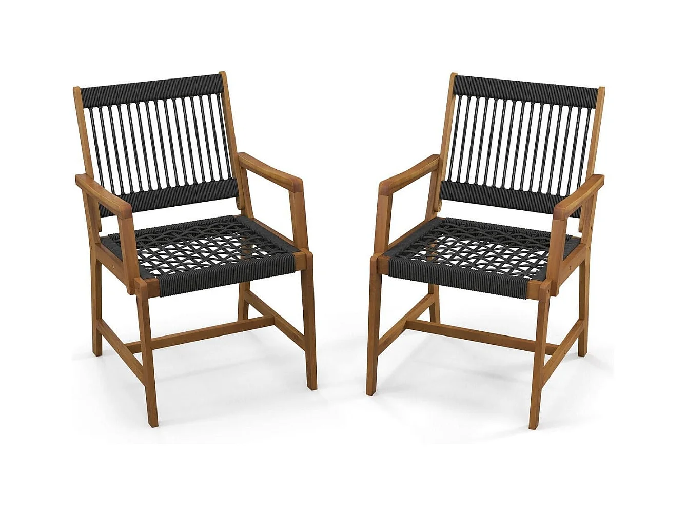 Set di 2 sedie da pranzo in legno di acacia per esterni, Sedie da patio intrecciate in corda con braccioli