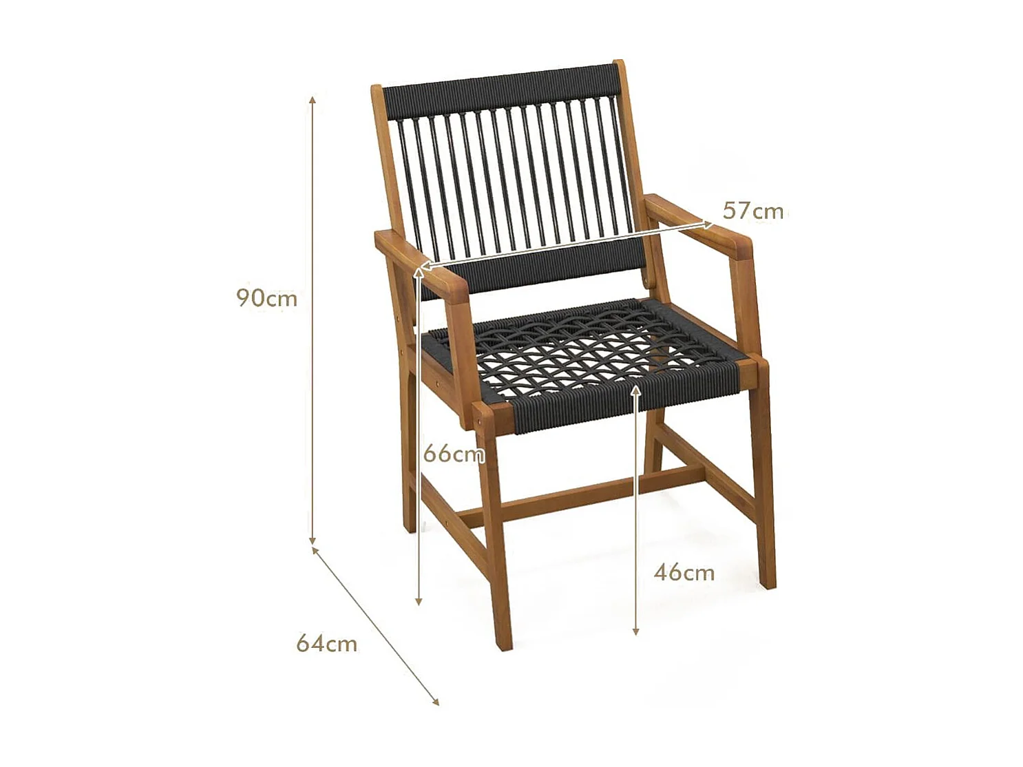 Lot de 2 Chaises Fauteuil de Jardin en Bois d'Acacia avec Accoudoirs Charge Max.160KG pour Terrasse Salle à Manger et Cour