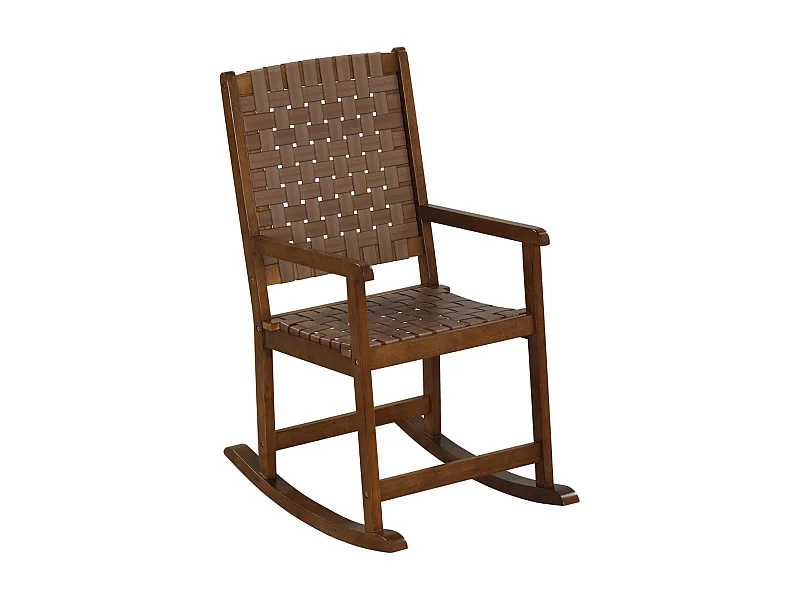 Schaukelstuhl aus Holz mit Armlehne & Kunstledergeflecht & Gummibaumrahmen Braun