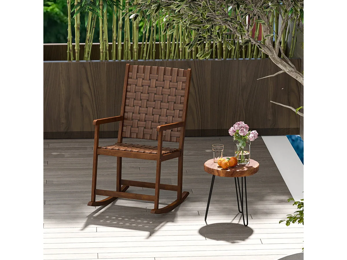 Schaukelstuhl aus Holz mit Armlehne & Kunstledergeflecht & Gummibaumrahmen Braun