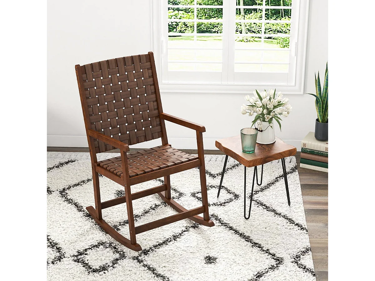 Schaukelstuhl aus Holz mit Armlehne & Kunstledergeflecht & Gummibaumrahmen Braun