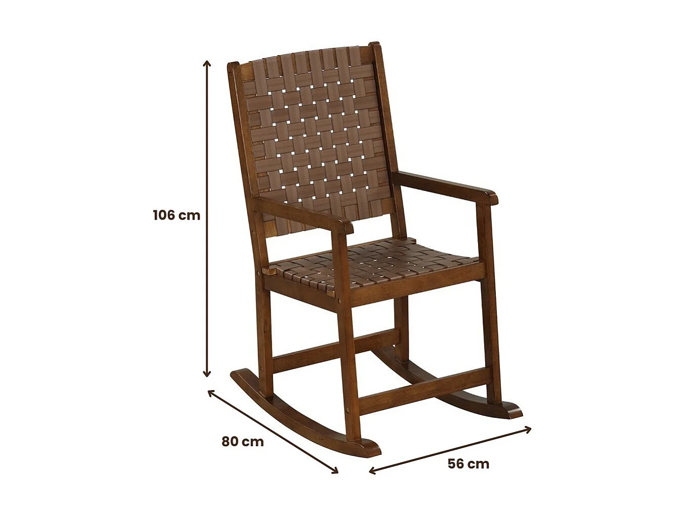 Schaukelstuhl aus Holz mit Armlehne & Kunstledergeflecht & Gummibaumrahmen Braun