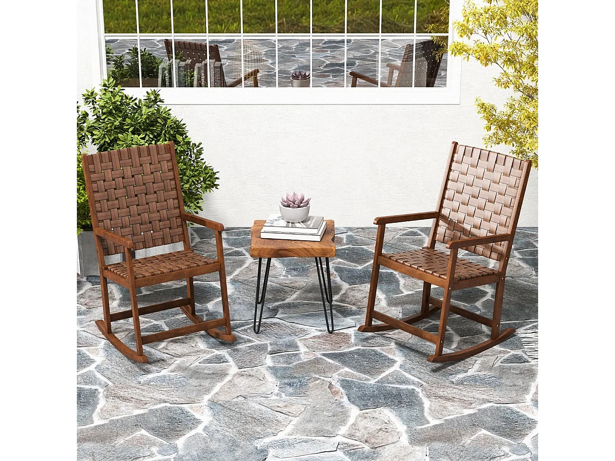 Schaukelstuhl aus Holz mit Armlehne & Kunstledergeflecht & Gummibaumrahmen Braun