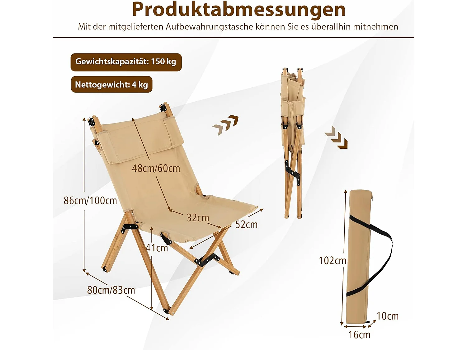 Klappstuhl mit 2-stufig Rückenlehne