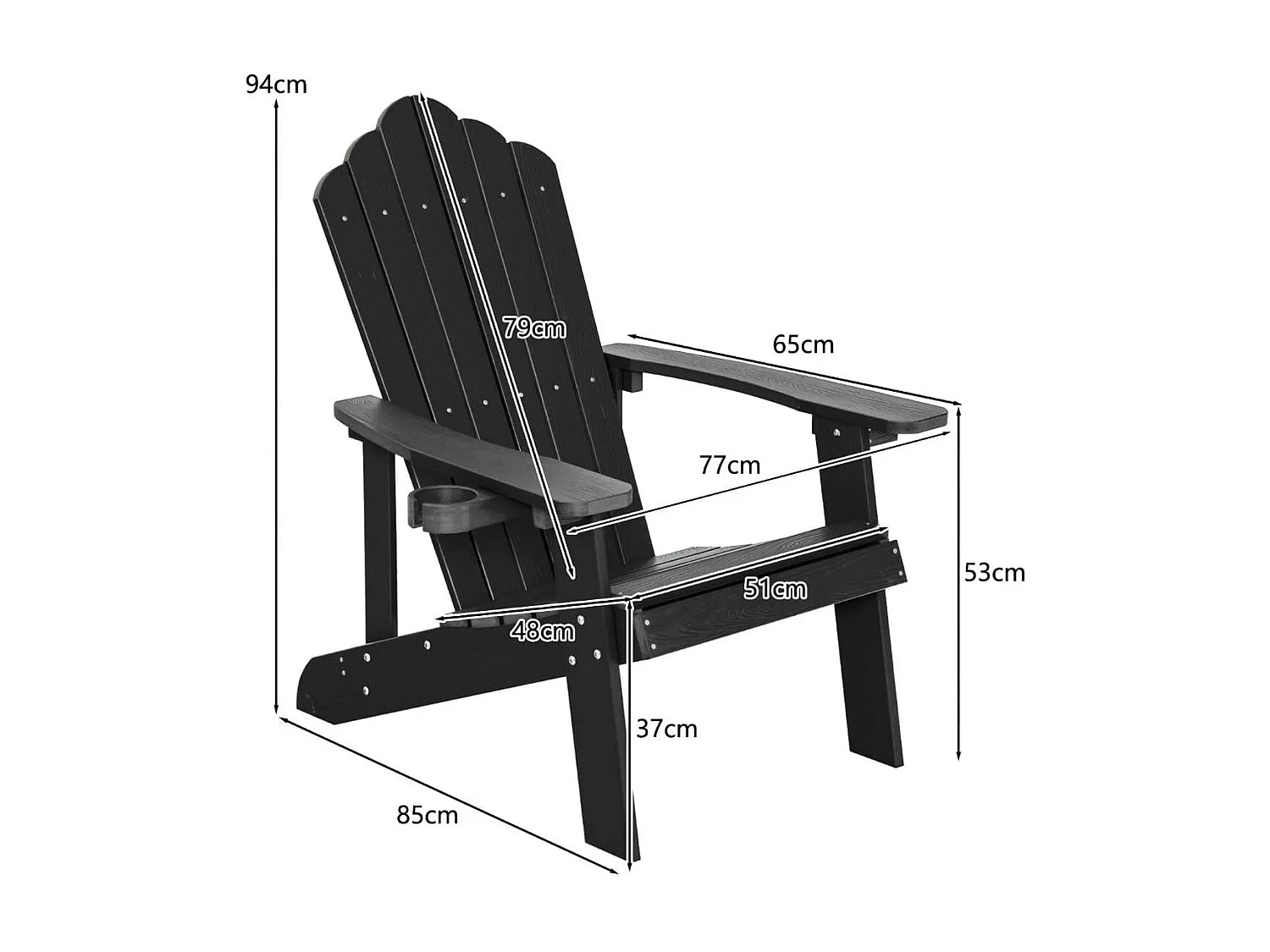 Adirondack-Stuhl Gartenstuhl mit Getränkehalter Schwarz