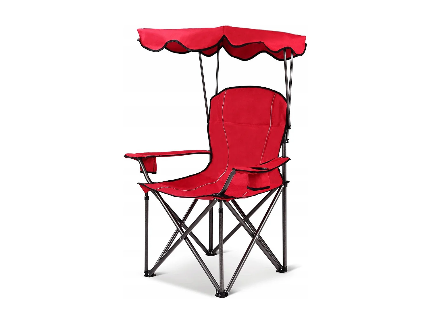 Sedia da campeggio pieghevole con parasole, supporto reclinabile 120kg, Sedia da spiaggia portatile con portabicchieri, rosso