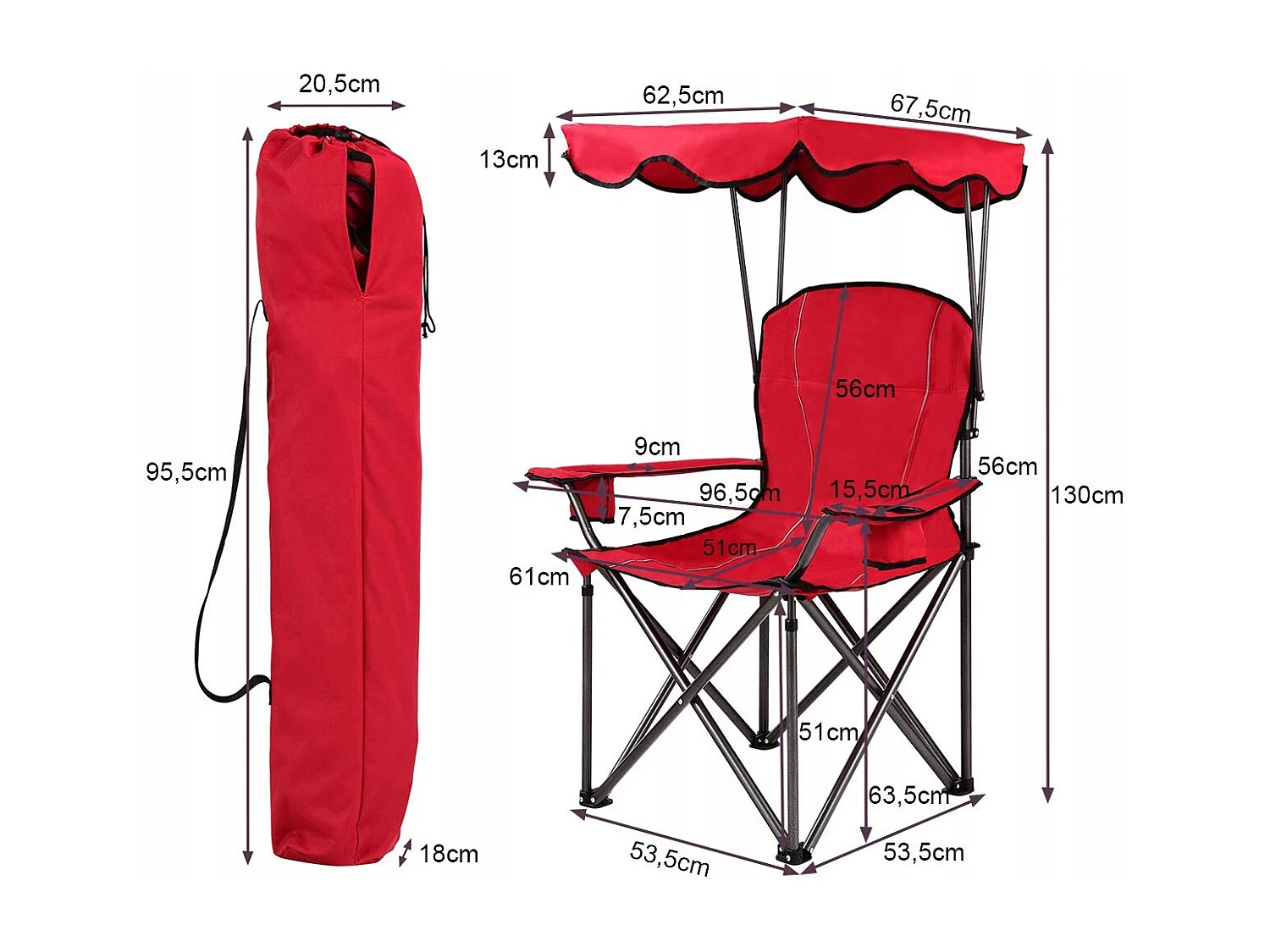 Sedia da campeggio pieghevole con parasole, supporto reclinabile 120kg, Sedia da spiaggia portatile con portabicchieri, rosso