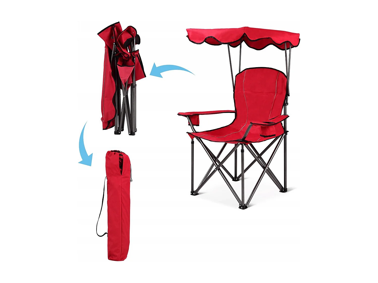 Sedia da campeggio pieghevole con parasole, supporto reclinabile 120kg, Sedia da spiaggia portatile con portabicchieri, rosso