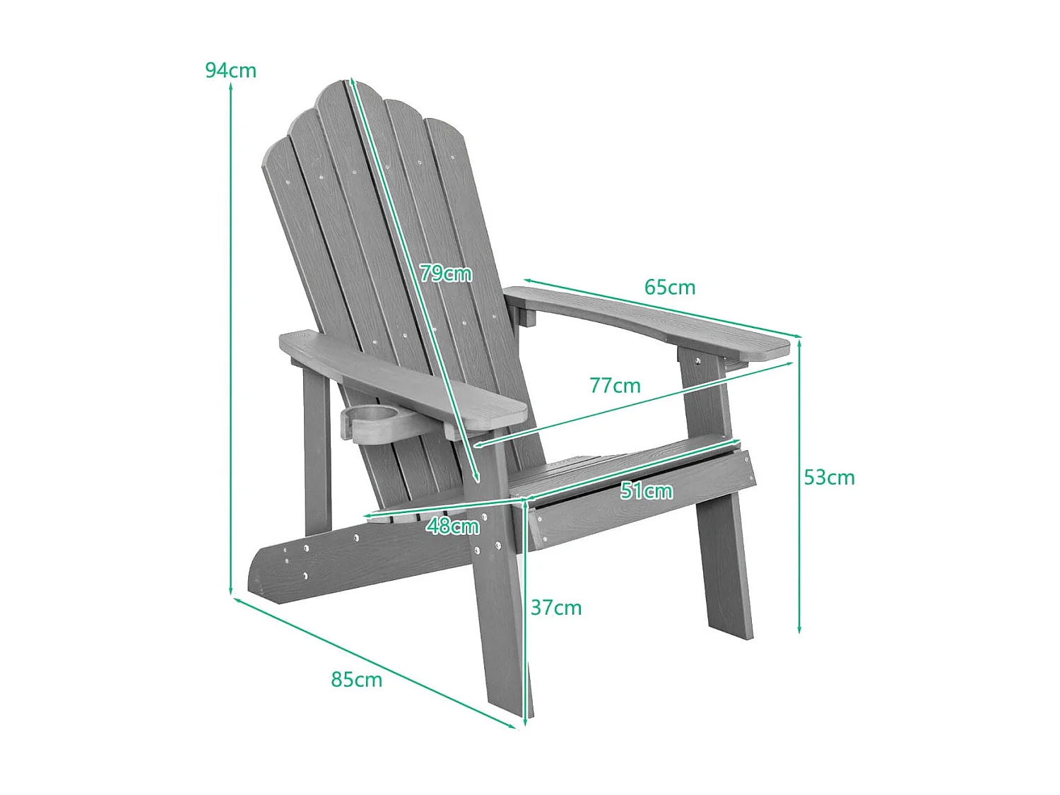 Sedia adirondack da esterno con portabicchieri, Sedia resistente alle intemperie per cortile portata 170kg Grigia