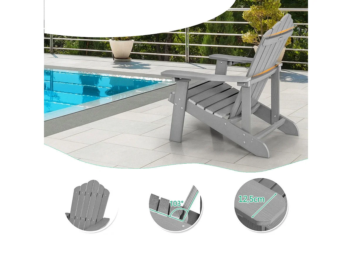 Sedia adirondack da esterno con portabicchieri, Sedia resistente alle intemperie per cortile portata 170kg Grigia