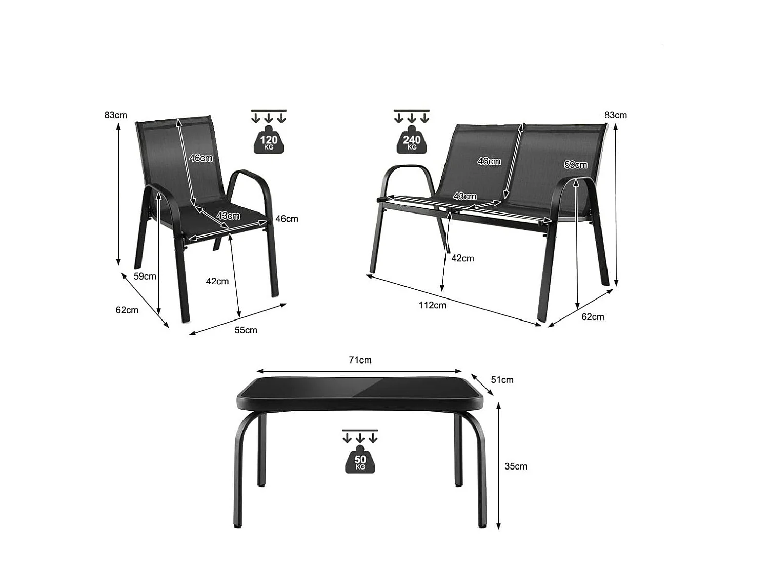 Set di mobili per esterni con tavolino in vetro temperato, Set di mobili 4 pezzi per giardino piscina Grigio