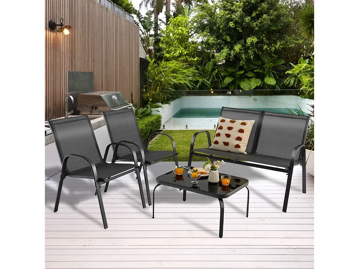 Ensemble Salon de Jardin 4 Pièces 2 Fauteuils 1 Canapé 1 Table Basse en Verre pour Terrasse Piscine Patio Balcon Gris