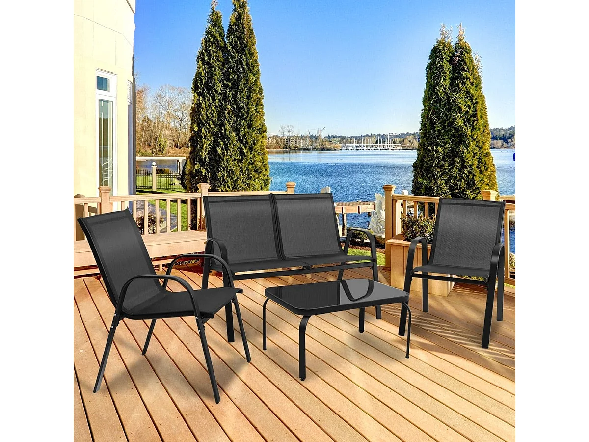 Ensemble Salon de Jardin 4 Pièces 2 Fauteuils 1 Canapé 1 Table Basse en Verre pour Terrasse Piscine Patio Balcon Gris