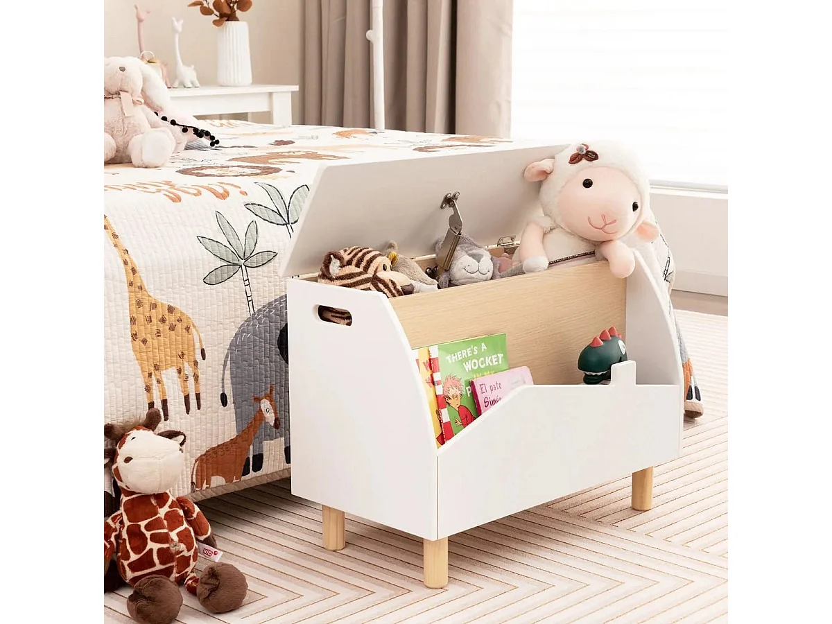 Spielzeugkiste aus Holz mit Regal Spielzeugtruhe mit Klappdeckel 60 x 30 x 44 cm Weiß