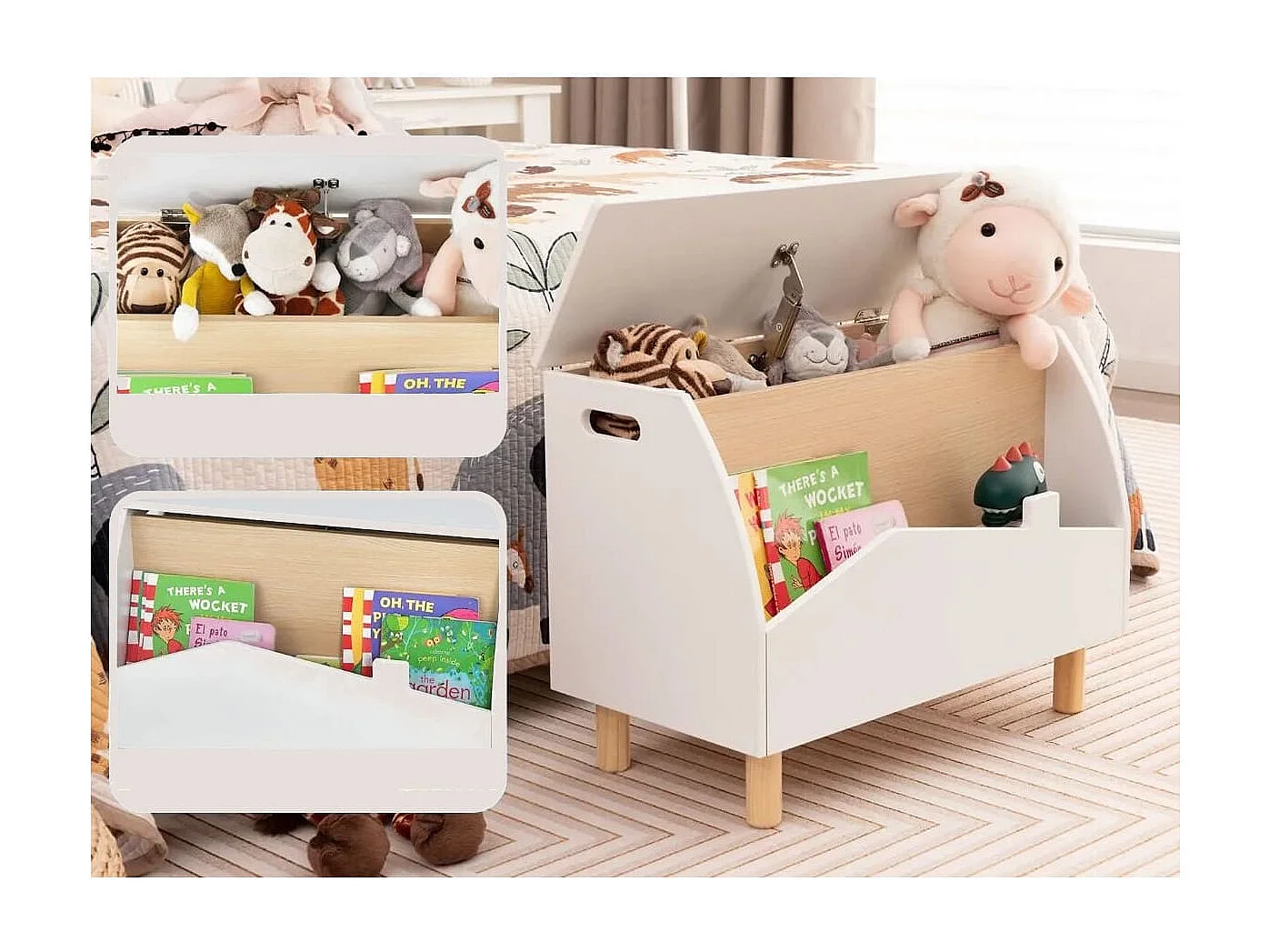 Spielzeugkiste aus Holz mit Regal Spielzeugtruhe mit Klappdeckel 60 x 30 x 44 cm Weiß