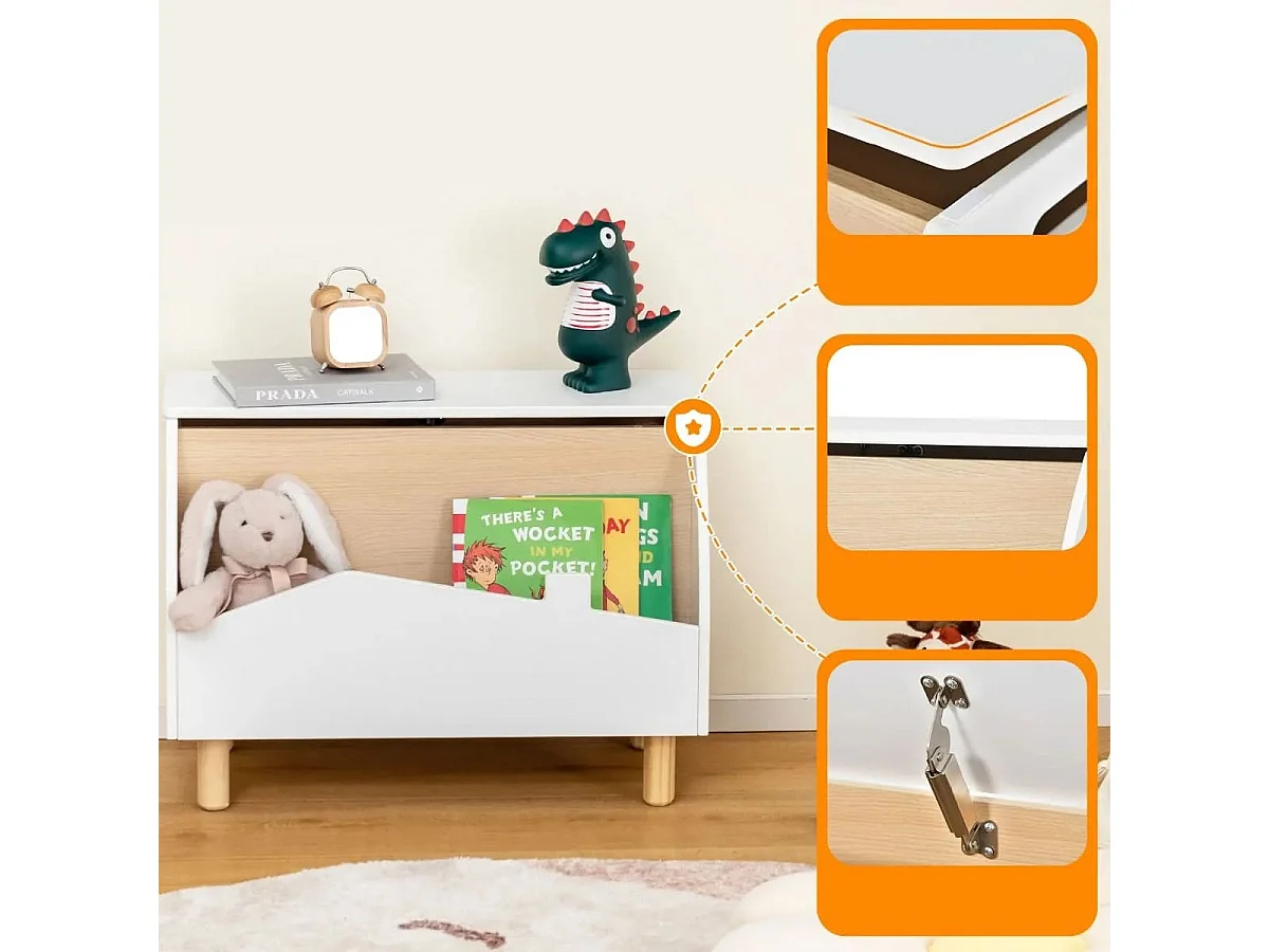 Spielzeugkiste aus Holz mit Regal Spielzeugtruhe mit Klappdeckel 60 x 30 x 44 cm Weiß