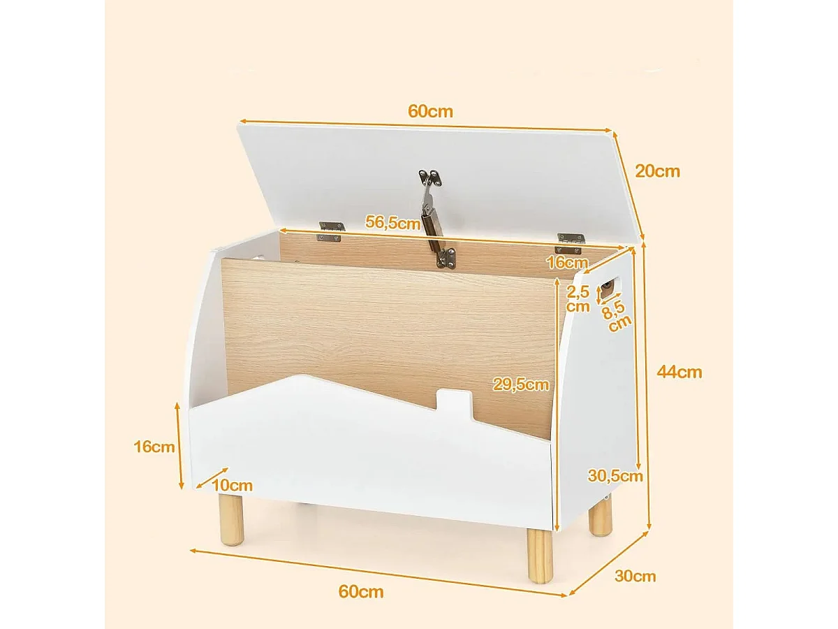 Spielzeugkiste aus Holz mit Regal Spielzeugtruhe mit Klappdeckel 60 x 30 x 44 cm Weiß