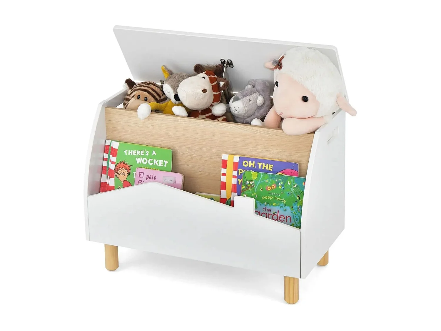 Spielzeugkiste aus Holz mit Regal Spielzeugtruhe mit Klappdeckel 60 x 30 x 44 cm Weiß