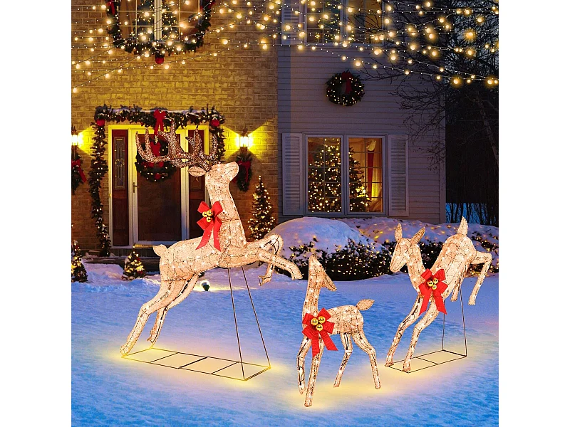Renne de Noël Lumineux 3 Pièces Ensemble de Famille de Renne de Vacances avec 255 Lumières Blanches Chaudes Piquets