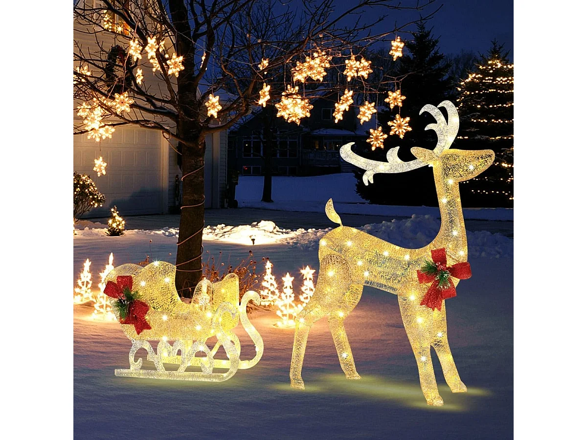 Renna con slitta illuminata 100 led, Illuminazione natalizia per interni esterni Oro