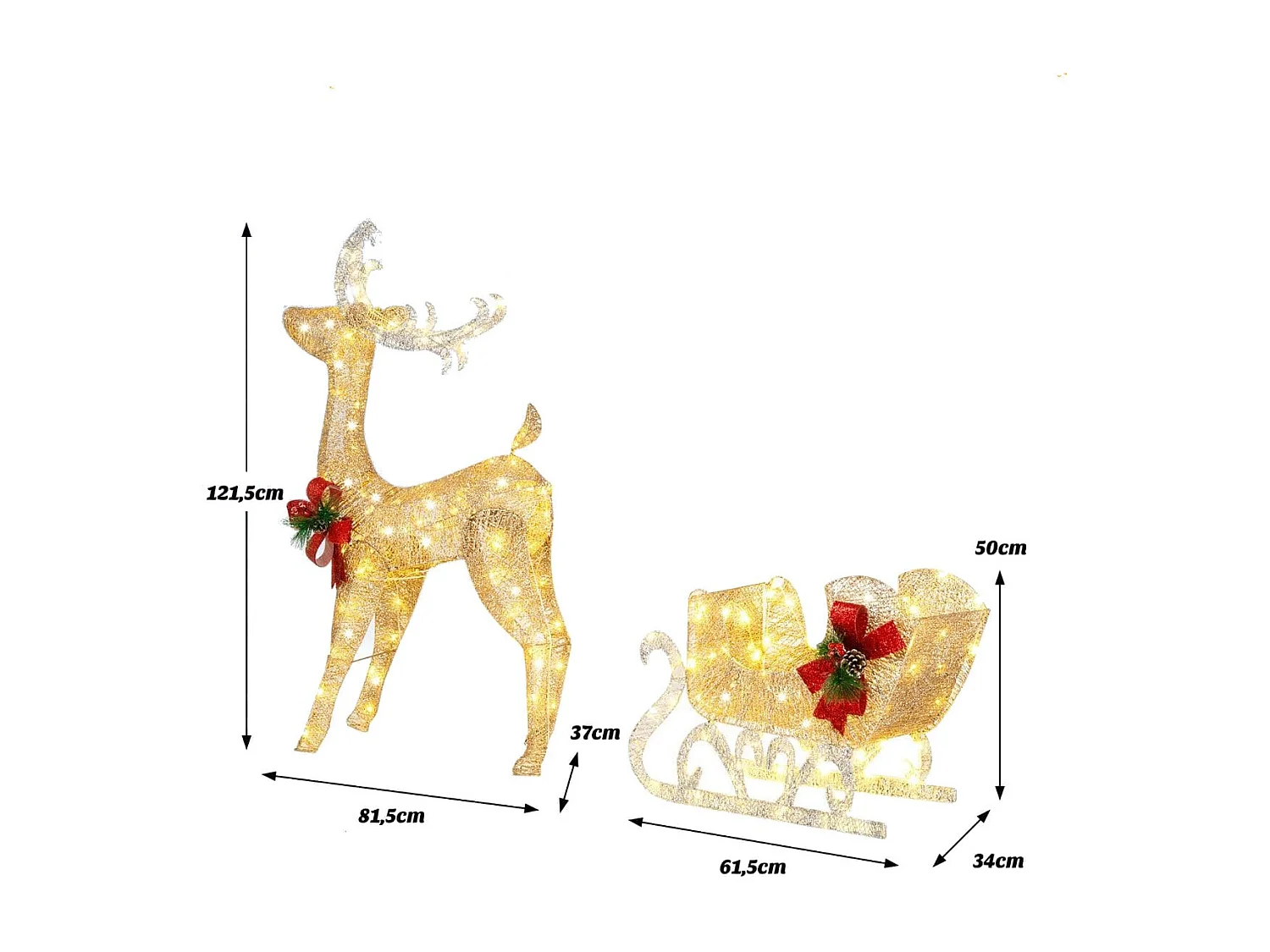 Beleuchtetes Weihnachts-Rentier mit Schlitten Vorbeleuchtete Weihnachtsdekoration 81,5 x 37 x 121,5 cm Golden